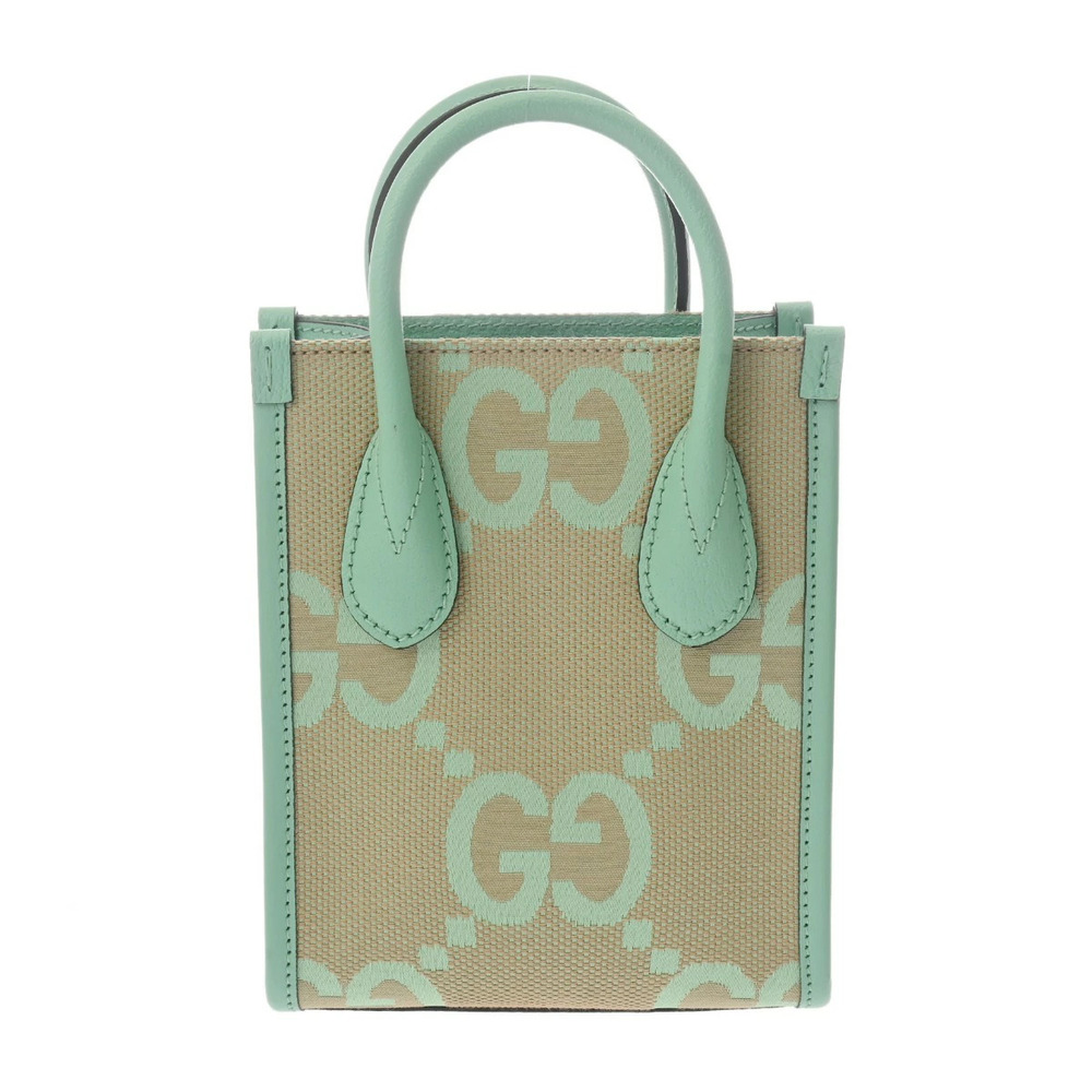 GUCCI Jumbo GG Tote Beige Green Canvas Leather Bag